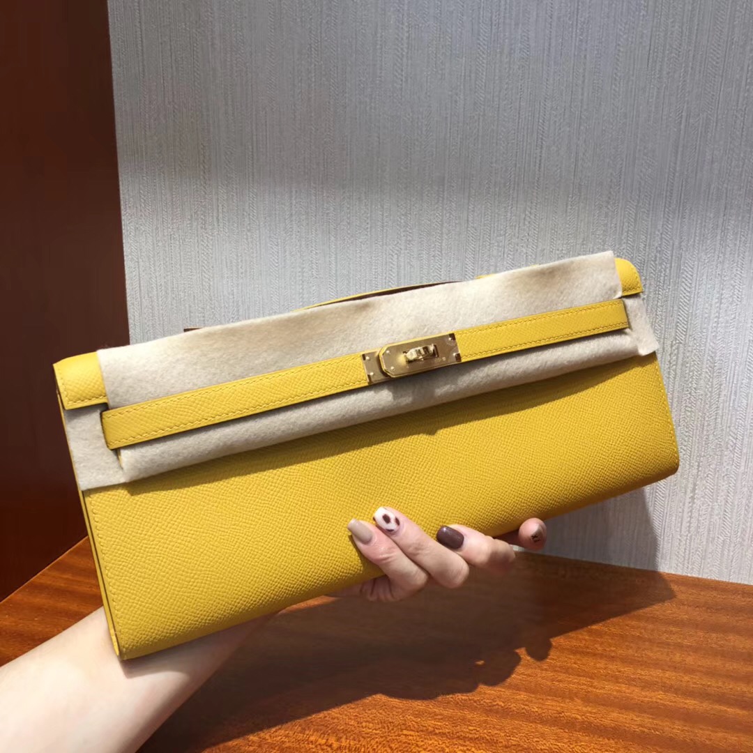 愛馬仕凱莉手拿包 Hermes Kelly Cut31CM Epsom 9D琥珀黃 金扣