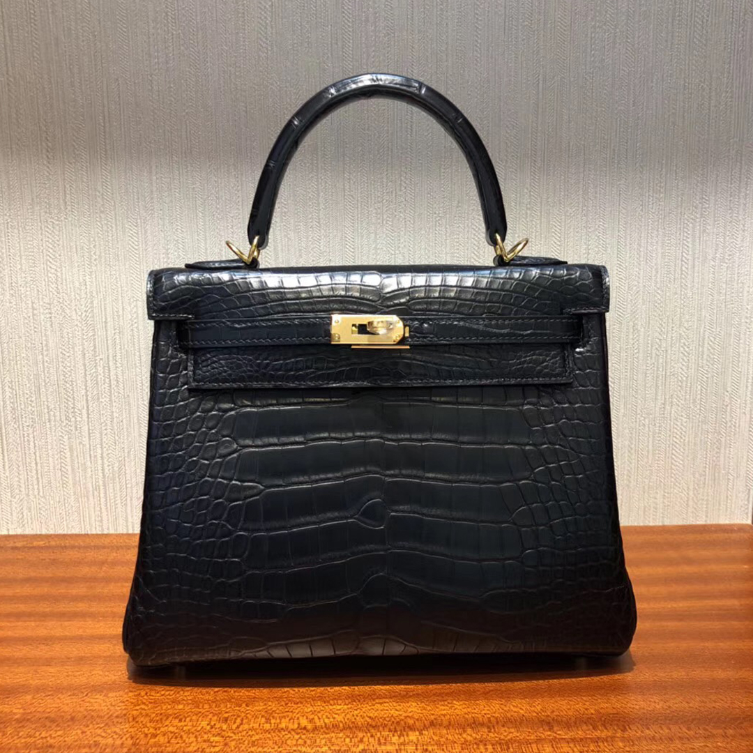 愛馬仕凱莉包包 Hermes Kelly 25cm CK89黑色 霧面方塊美洲鱷魚 完美品相 金扣