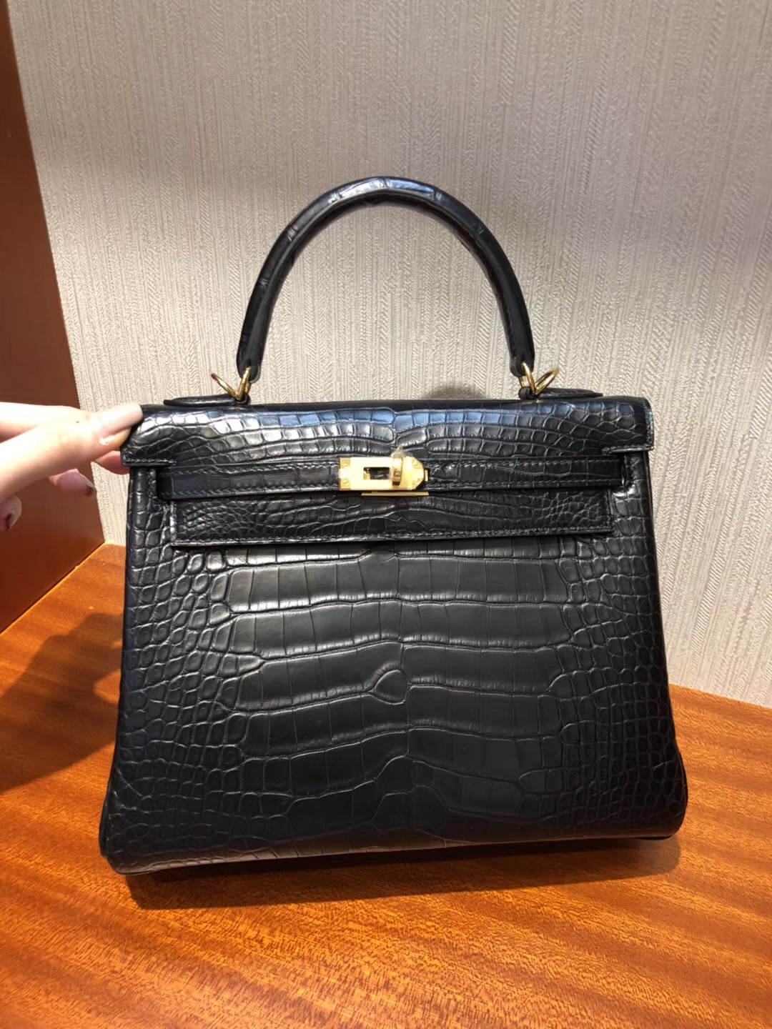 愛馬仕凱莉包包 Hermes Kelly 25cm CK89黑色 霧面方塊美洲鱷魚 完美品相 金扣