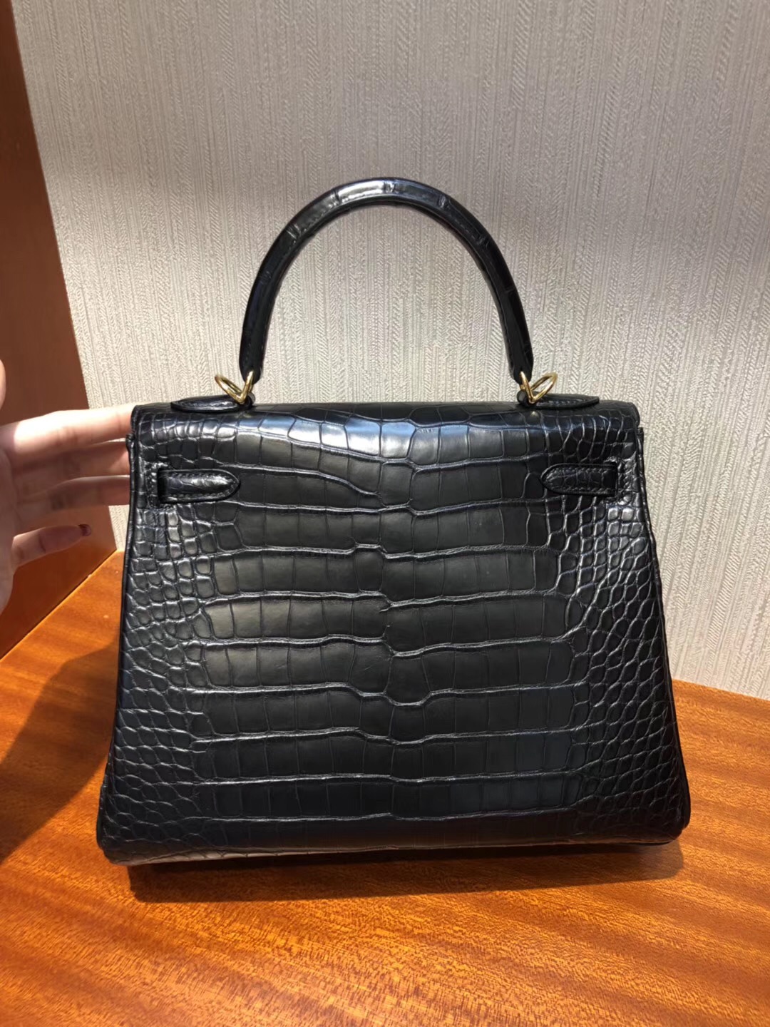 愛馬仕凱莉包包 Hermes Kelly 25cm CK89黑色 霧面方塊美洲鱷魚 完美品相 金扣