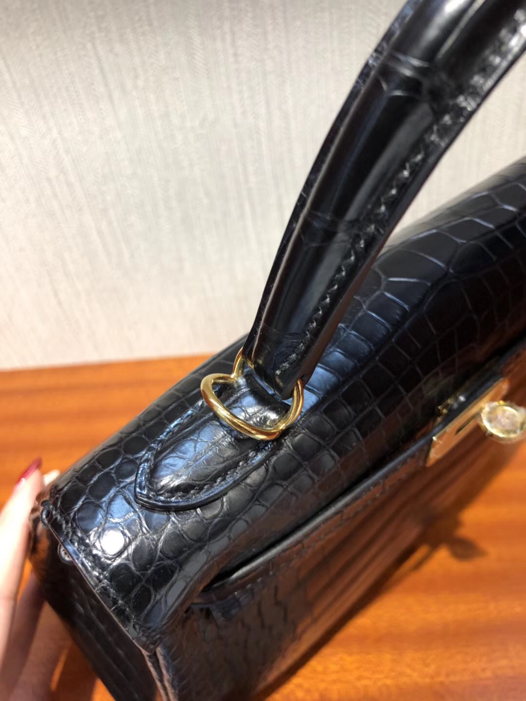 愛馬仕凱莉包包 Hermes Kelly 25cm CK89黑色 霧面方塊美洲鱷魚 完美品相 金扣