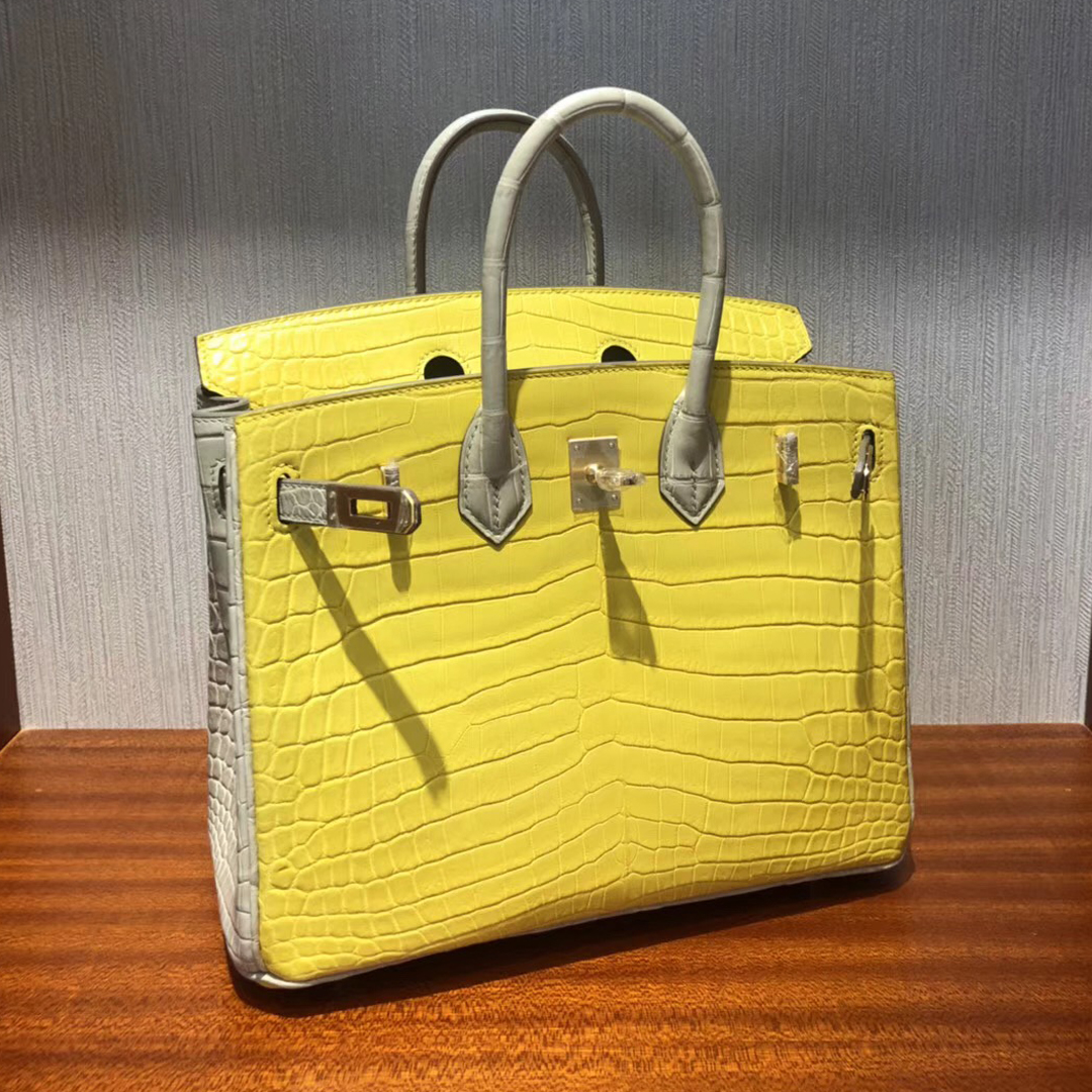 愛馬仕雙拼色鱷魚鉑金包包Hermes Birkin 25 9R檸檬黃/8L奶油白 霧面兩點鱷魚 拉絲金扣