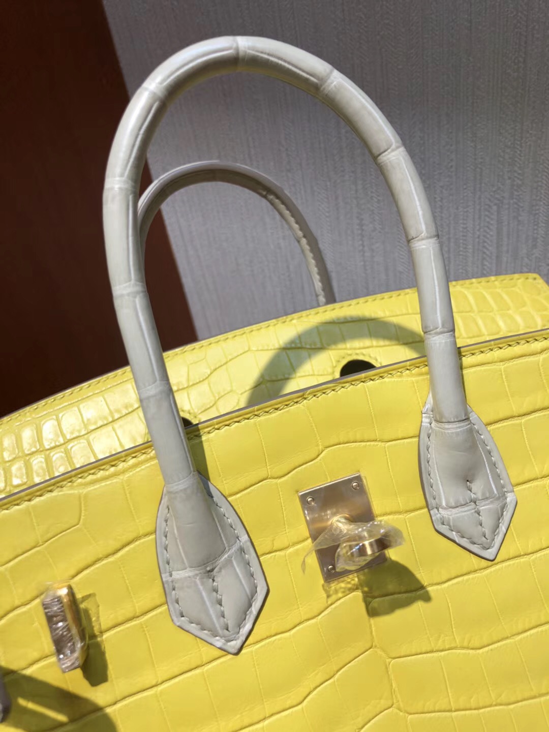 愛馬仕雙拼色鱷魚鉑金包包Hermes Birkin 25 9R檸檬黃/8L奶油白 霧面兩點鱷魚 拉絲金扣