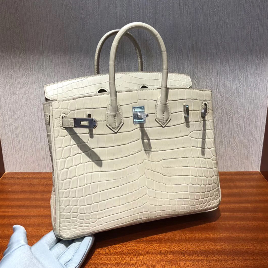 愛馬仕鱷魚皮鉑金包包Hermes Birkin 25cm Bag 8L奶油白 霧面兩點鱷魚 銀扣