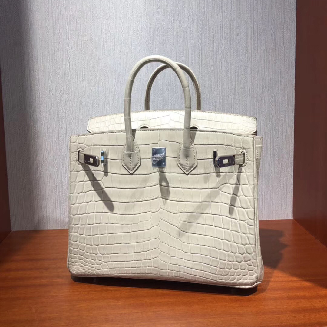 愛馬仕鱷魚皮鉑金包包Hermes Birkin 25cm Bag 8L奶油白 霧面兩點鱷魚 銀扣