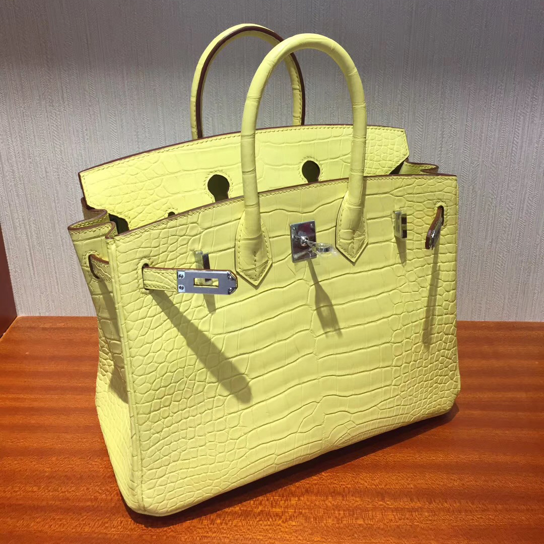 愛馬仕鱷魚鉑金包 雪梨Cherie Hermes Birkin 25cm C9鵝蛋黃 霧面方塊鱷魚銀扣