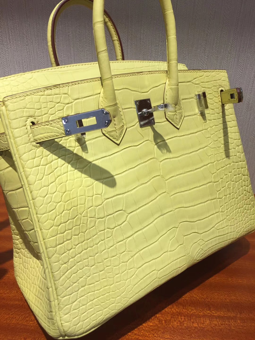 愛馬仕鱷魚鉑金包 雪梨Cherie Hermes Birkin 25cm C9鵝蛋黃 霧面方塊鱷魚銀扣