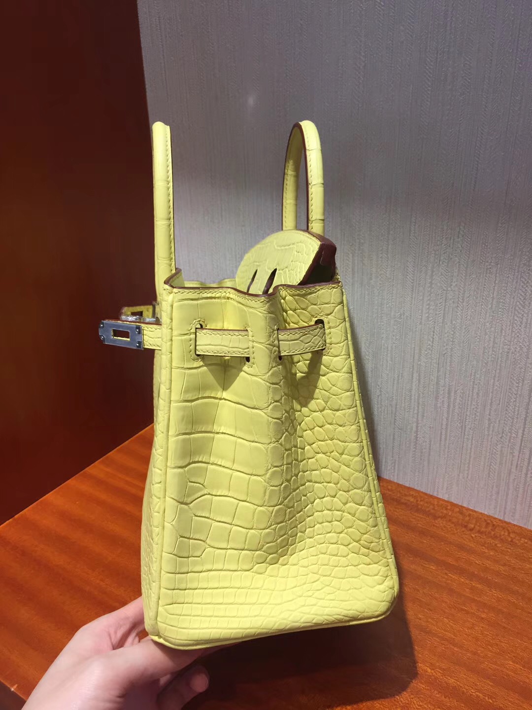 愛馬仕鱷魚鉑金包 雪梨Cherie Hermes Birkin 25cm C9鵝蛋黃 霧面方塊鱷魚銀扣