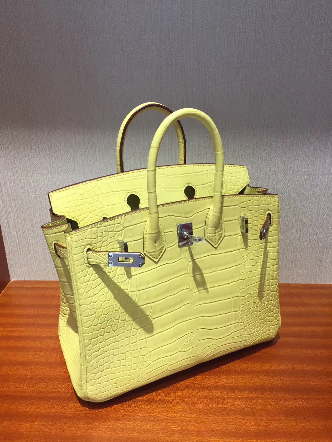 愛馬仕鱷魚鉑金包 雪梨Cherie Hermes Birkin 25cm C9鵝蛋黃 霧面方塊鱷魚銀扣