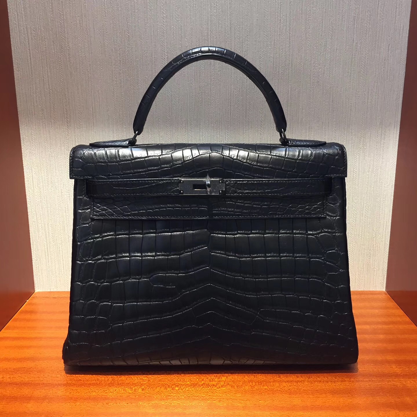 愛馬仕包包 鱷魚凱莉包 Hermes Kelly 32cm Bag CK89黑色槍扣霧面兩點鱷魚