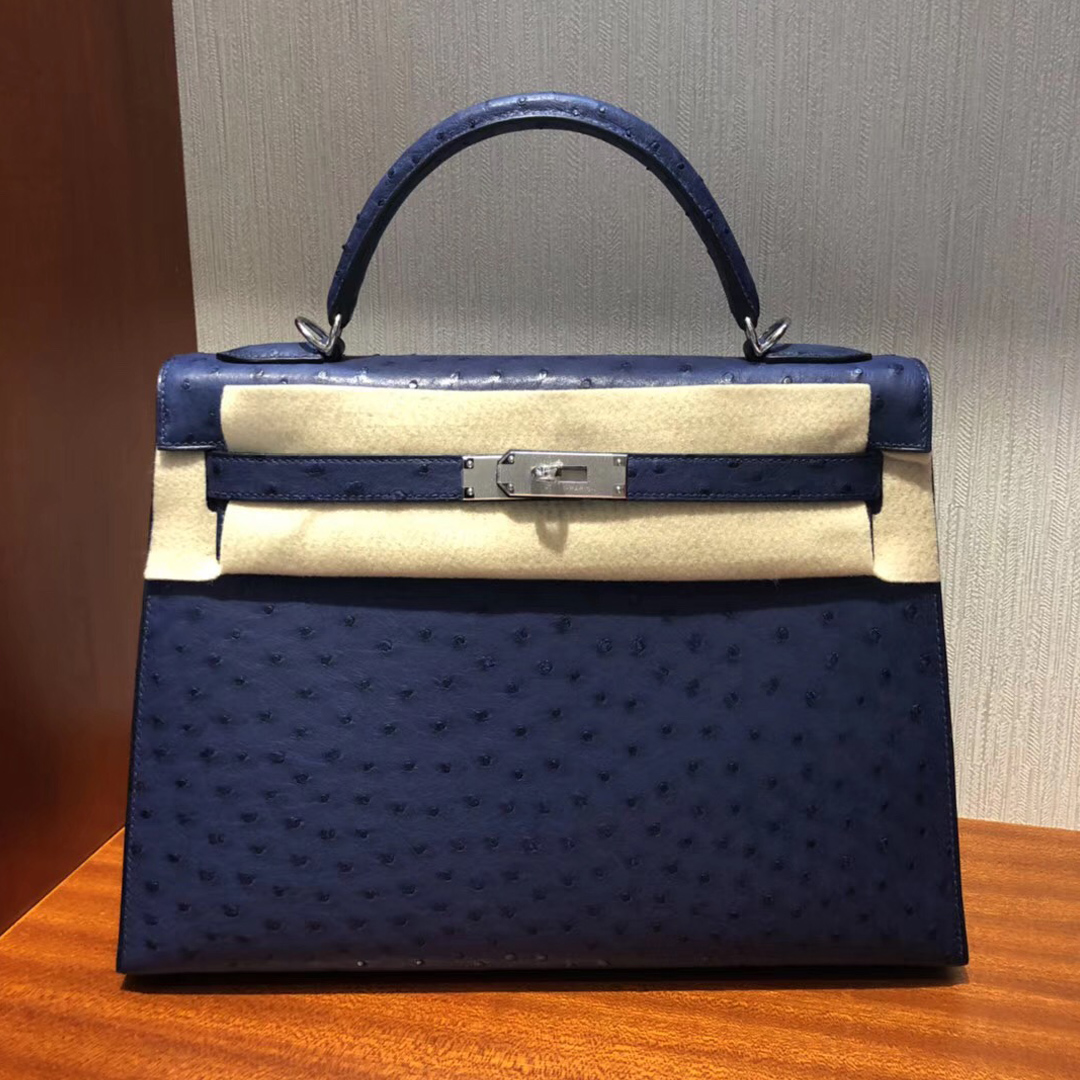 愛馬仕kelly包包價格 Hermes Kelly 32cm bag 7K宝石蓝 鴕鳥皮Ostrich銀扣