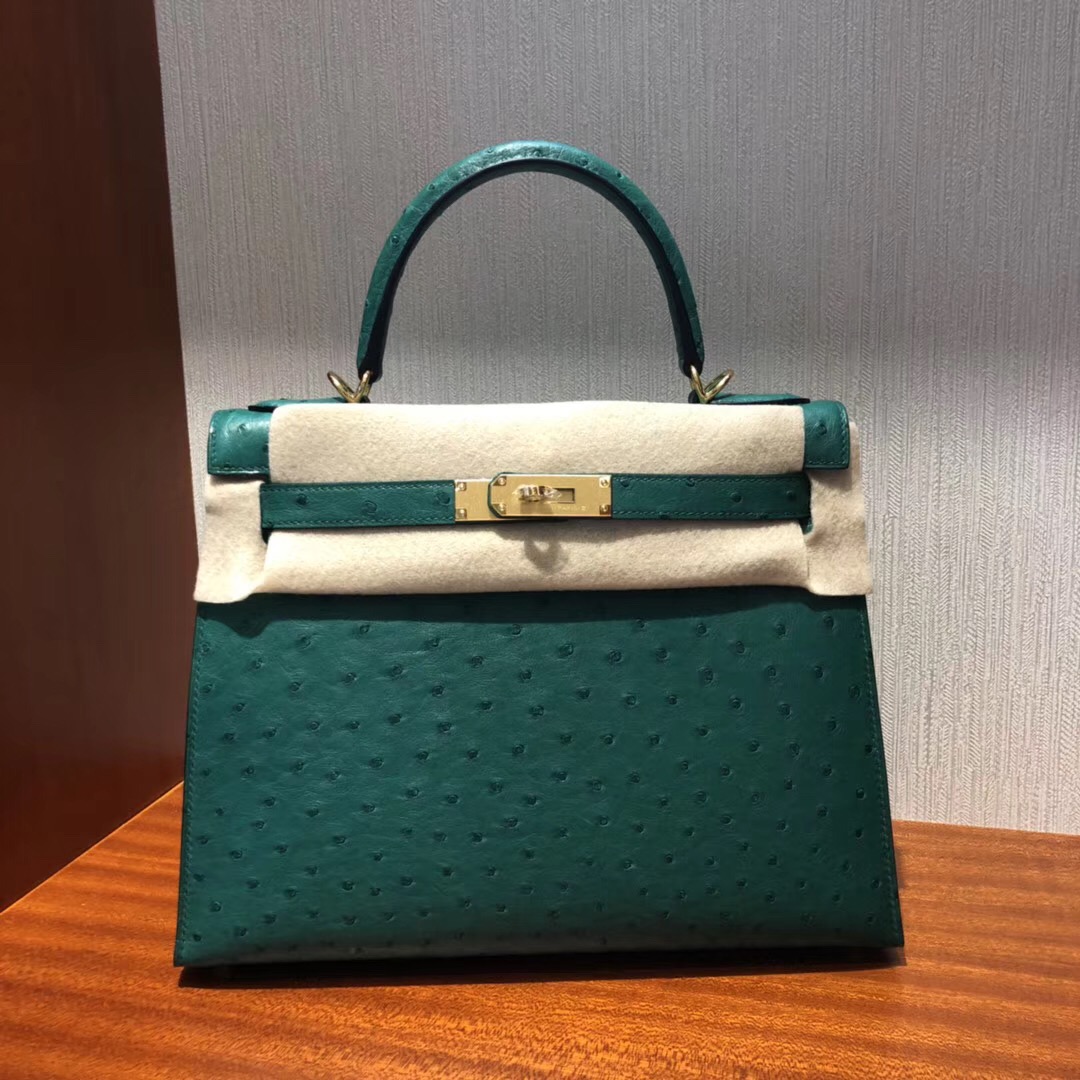 愛馬仕凱莉包包價格Hermes Kelly 32cm bag U4丝绒绿 鴕鳥皮Ostrich 銀扣