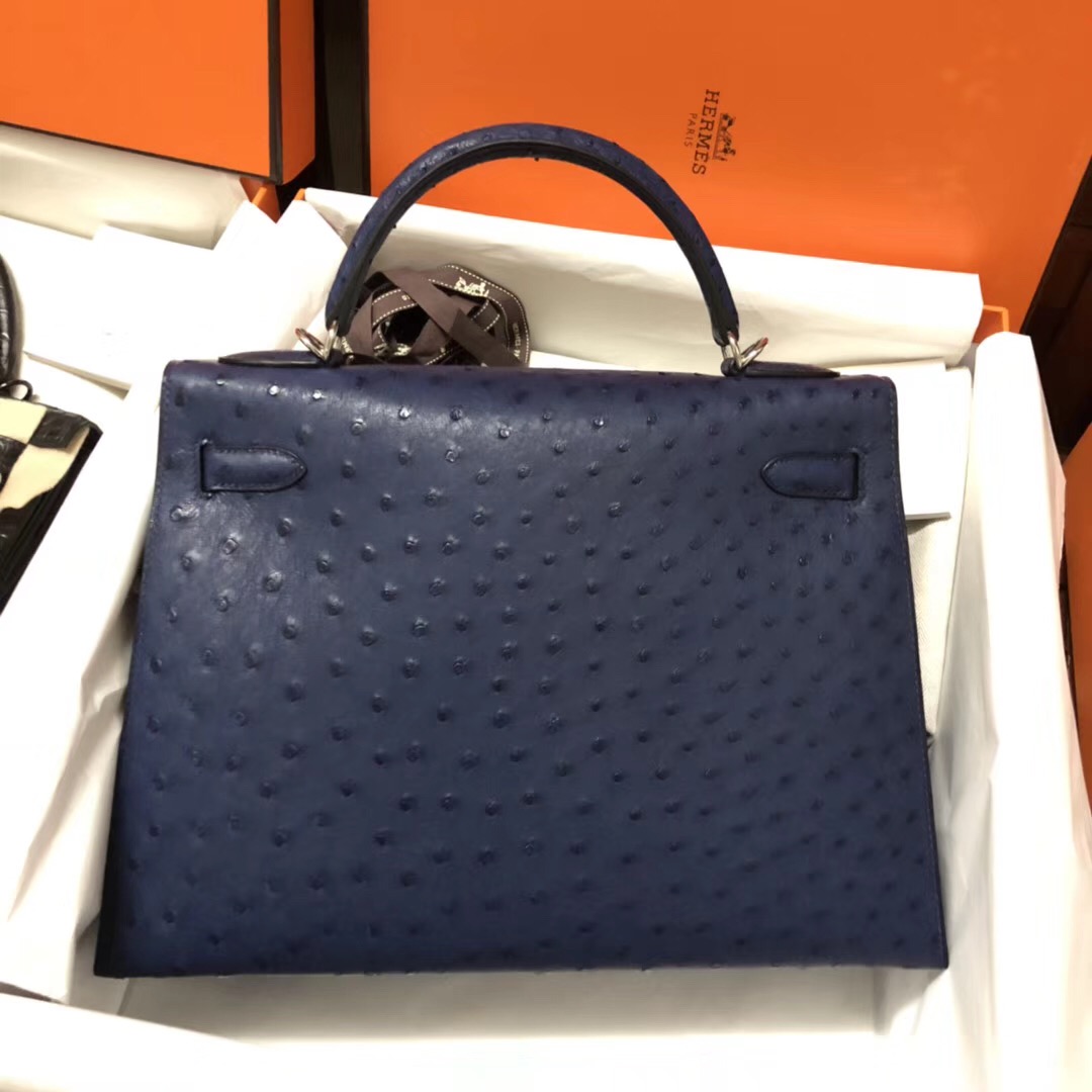 愛馬仕kelly包包價格 Hermes Kelly 32cm bag 7K宝石蓝 鴕鳥皮Ostrich銀扣