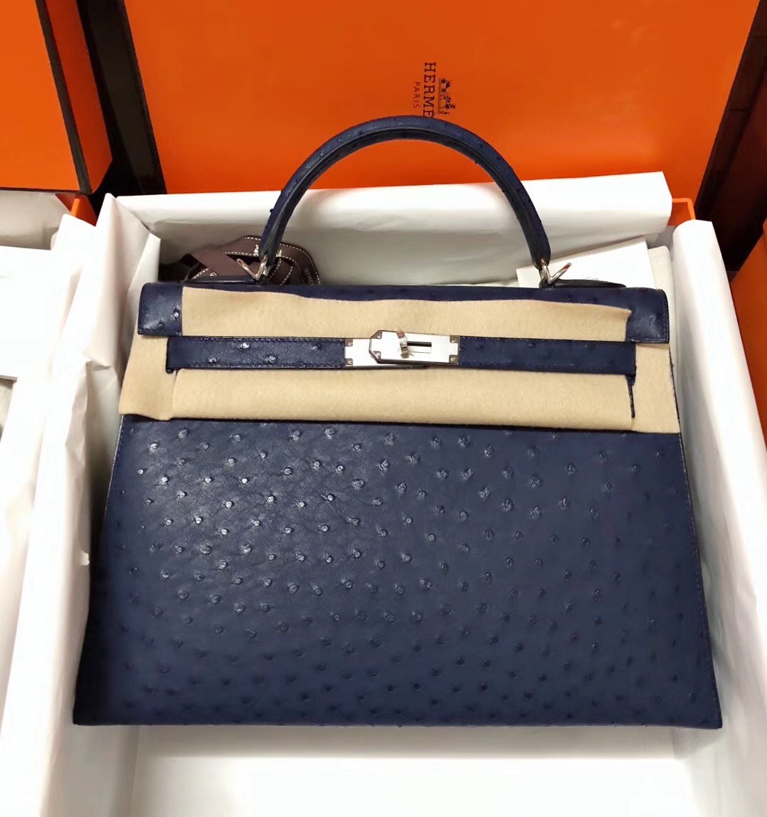 愛馬仕kelly包包價格 Hermes Kelly 32cm bag 7K宝石蓝 鴕鳥皮Ostrich銀扣