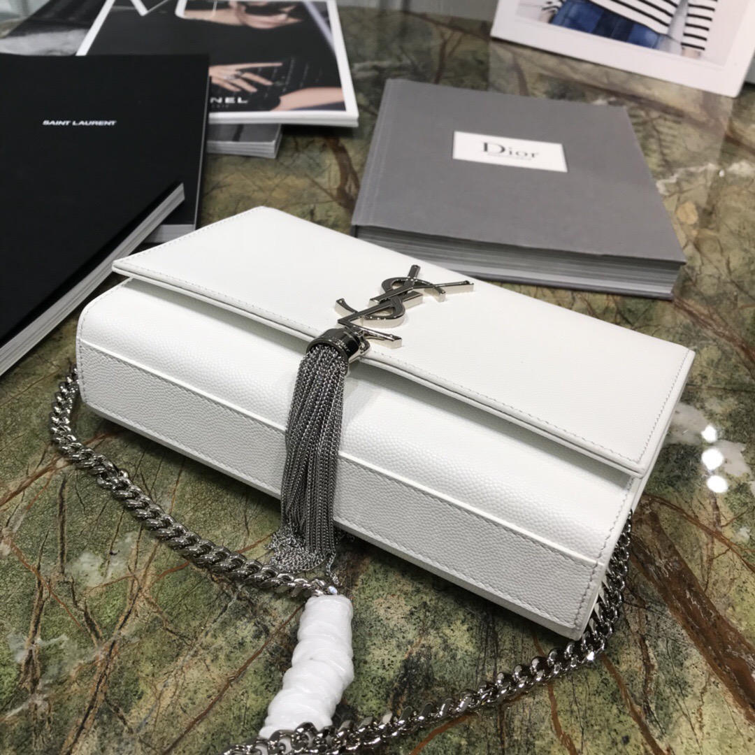 聖羅蘭官網包包圖片價格 YSL KATE 小號白色紋理真皮流蘇穗鏈條包