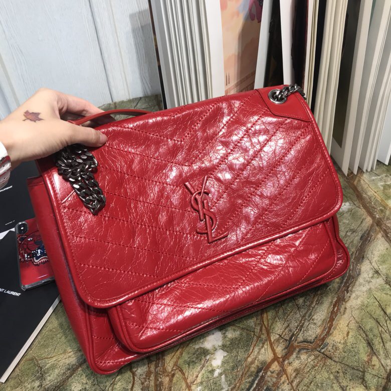 聖羅蘭包包臺灣官網 YSL Niki 中号 大号 正大红色褶皺絎縫真皮鏈條包