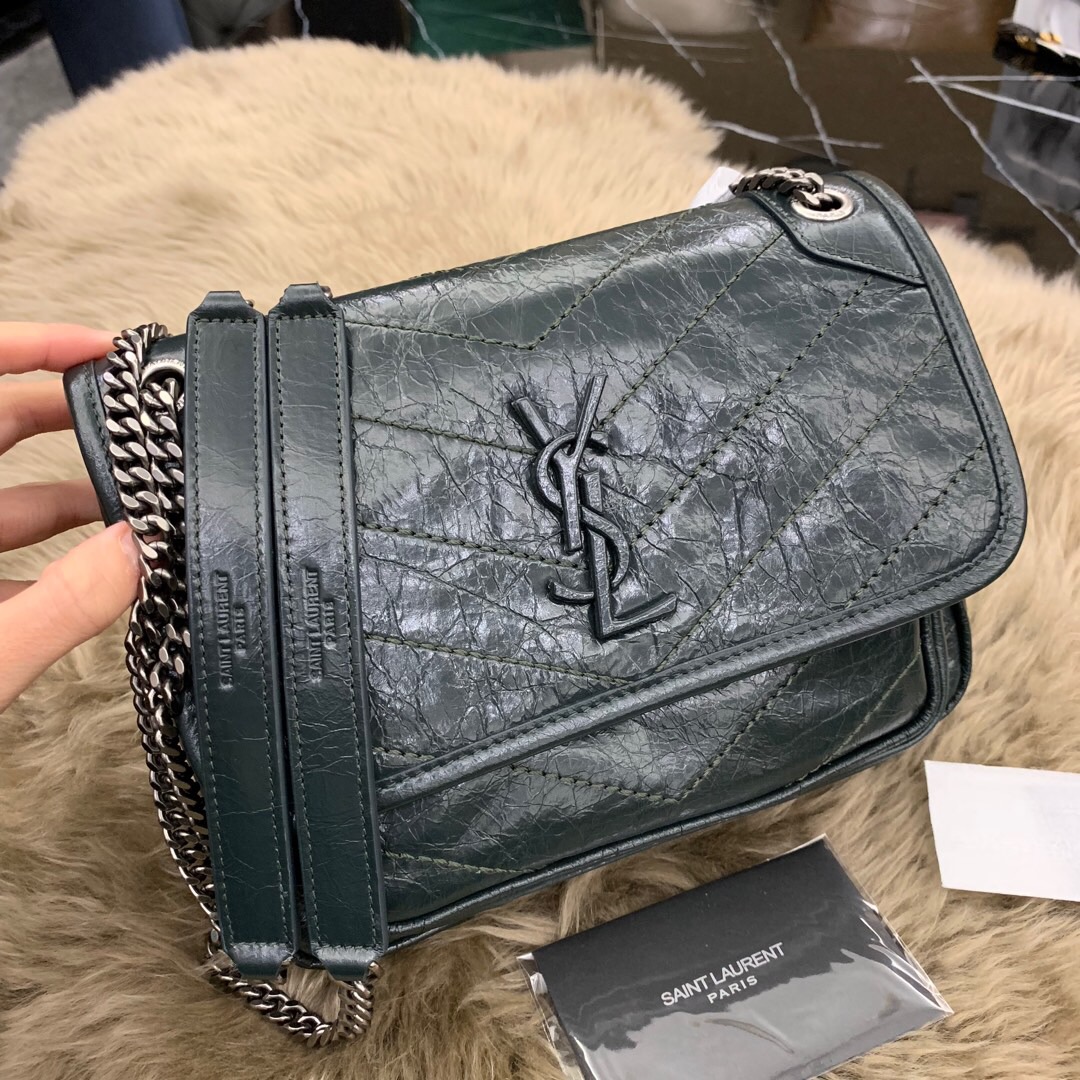 聖羅蘭官網包包圖片價格 YSL BABY NIKI 褶皺絎縫 深墨綠 小牛皮真皮鏈條包