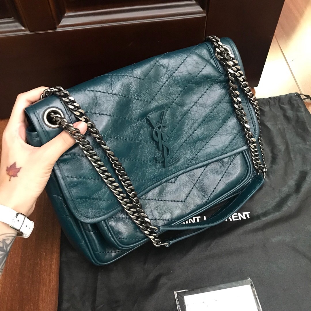 YSL中號 NIKI 褶皺霧絎縫 蓝绿色小牛皮鏈條包 monogramme saint laurent前翻蓋包