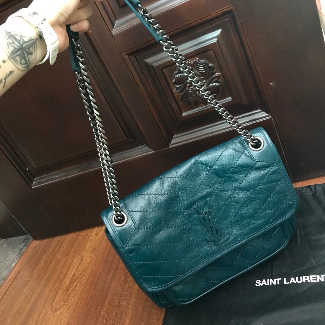 YSL中號 NIKI 褶皺霧絎縫 蓝绿色小牛皮鏈條包 monogramme saint laurent前翻蓋包