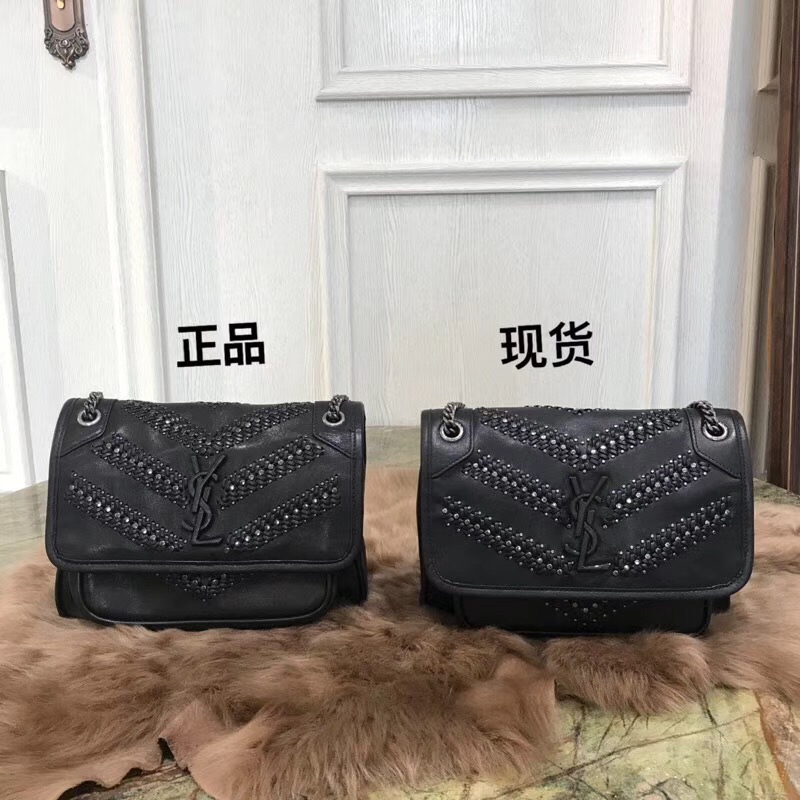 聖羅蘭包包臺灣官網 YSL Baby Niki 黑色编织配铆钉小牛皮縫真皮鏈條包