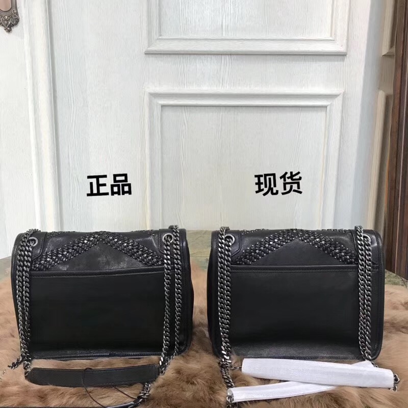 聖羅蘭包包臺灣官網 YSL Baby Niki 黑色编织配铆钉小牛皮縫真皮鏈條包