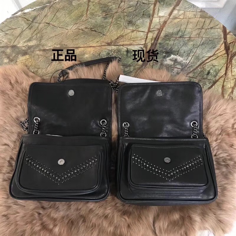 聖羅蘭包包臺灣官網 YSL Baby Niki 黑色编织配铆钉小牛皮縫真皮鏈條包