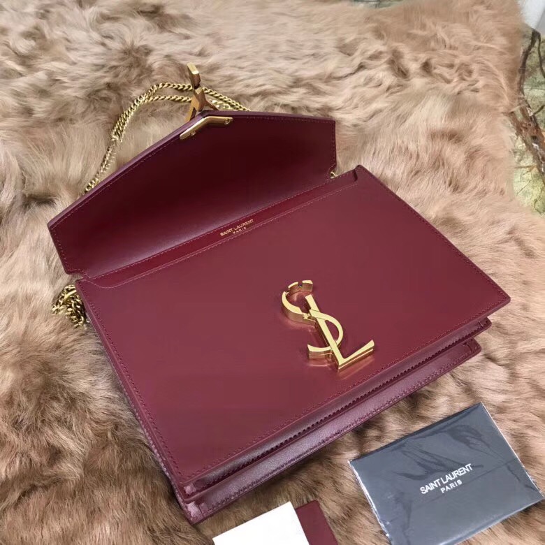 YSL包包官网 SAINT LAURENT MONOGRAM 酒红色小牛皮翻蓋包袋