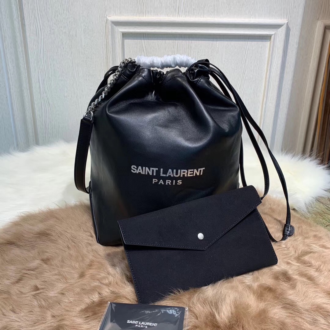 聖羅蘭包包臺灣官網 YSL TEDDY 黑色真皮包SAINT LAURENT PARIS抽繩水桶包