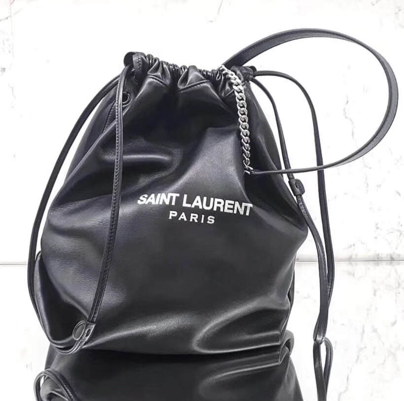 聖羅蘭包包臺灣官網 YSL TEDDY 黑色真皮包SAINT LAURENT PARIS抽繩水桶包