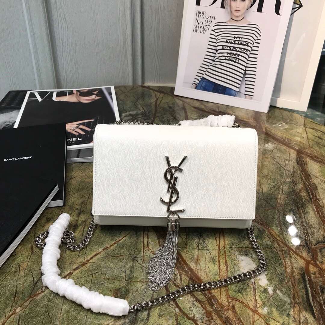 聖羅蘭官網包包圖片價格 YSL KATE 小號白色紋理真皮流蘇穗鏈條包