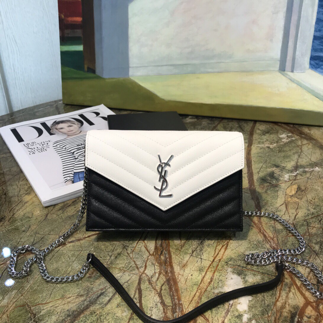 YSL MONOGRAM黑配白色顆粒紋真皮鏈條錢包 WOC 小號信封包