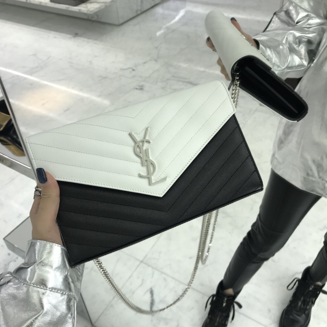 聖羅蘭WOC信封包 YSL MONOGRAM 黑配白色顆粒紋 鏈條錢包