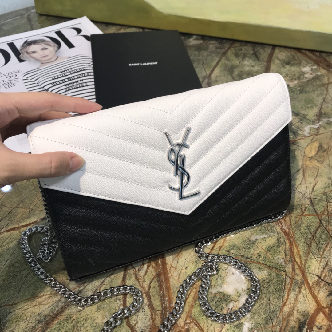 聖羅蘭WOC信封包 YSL MONOGRAM 黑配白色顆粒紋 鏈條錢包