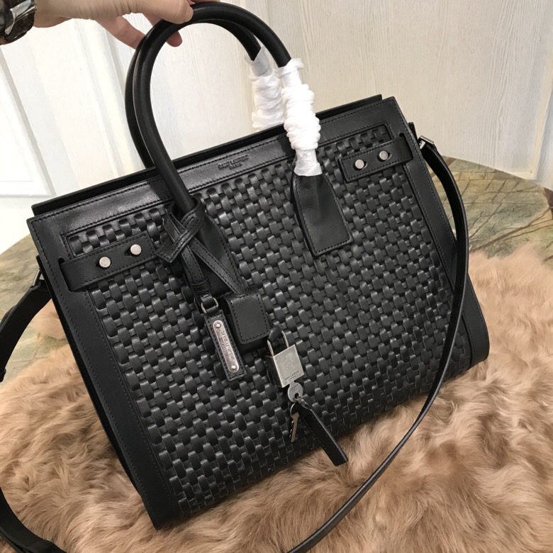 聖羅蘭 YSL 風琴包 經典 SAC DE JOUR 小號純手工編織 黑色真皮手袋