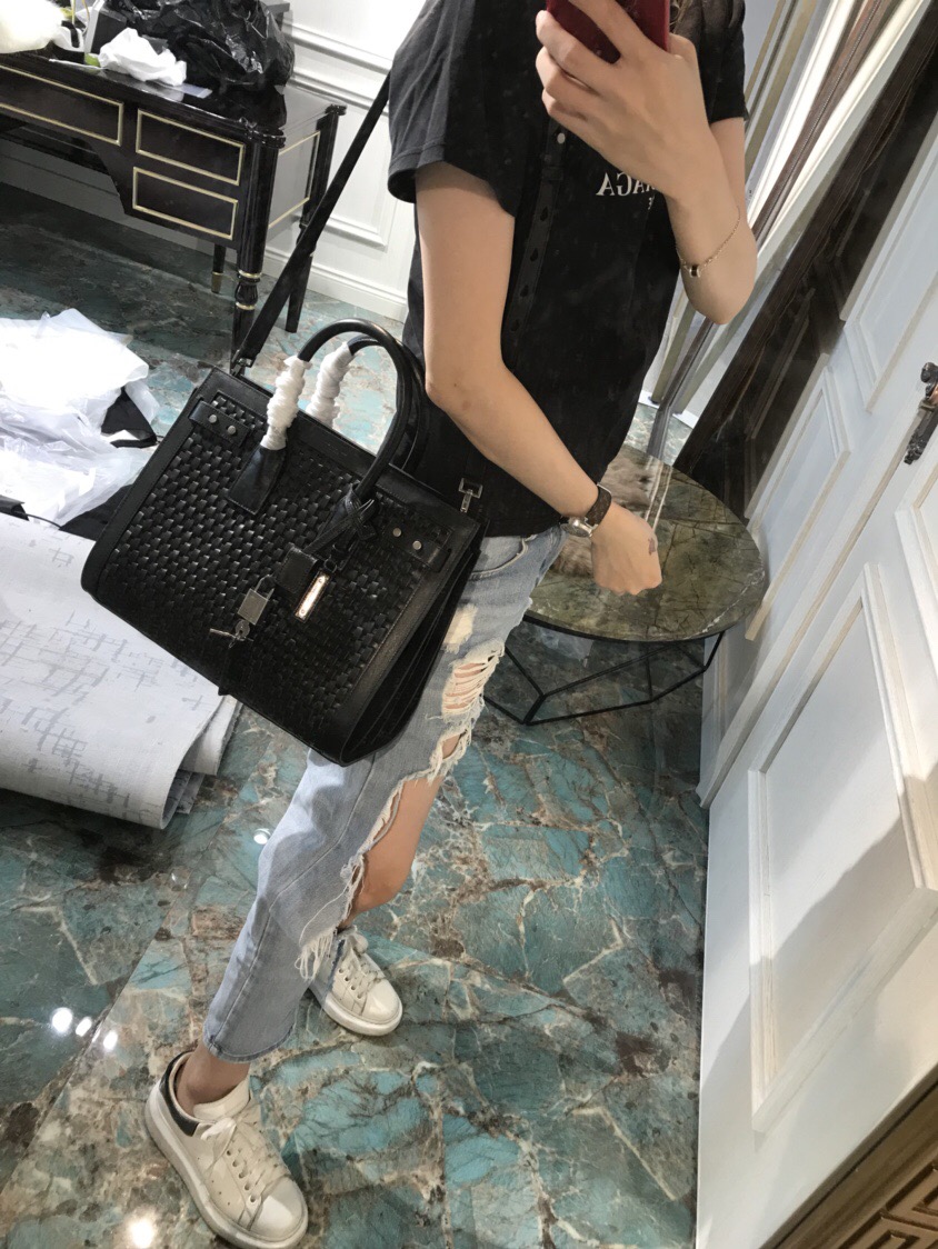 聖羅蘭 YSL 風琴包 經典 SAC DE JOUR 小號純手工編織 黑色真皮手袋