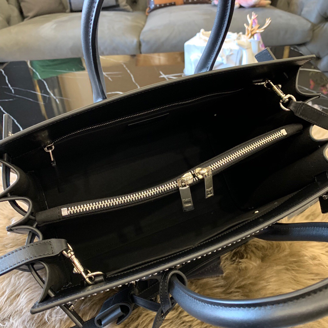 聖羅蘭 YSL 風琴包 SAC DE JOUR 小號銀色飾釘孔眼黑色真皮手袋