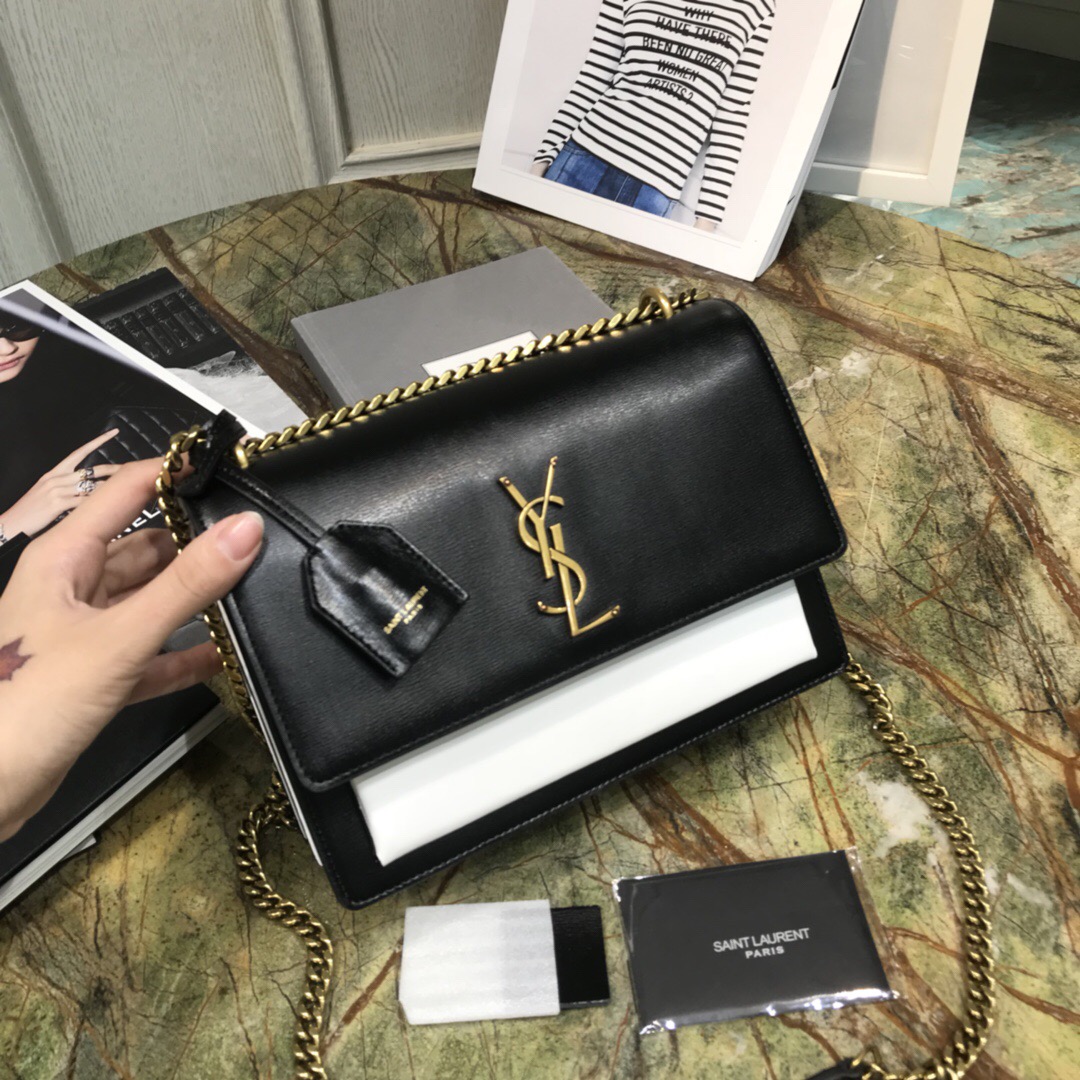 聖羅蘭 YSL SUNSET 中號 黑色配白色小牛皮 牙簽紋