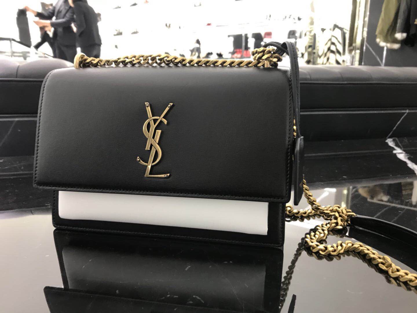 聖羅蘭 YSL SUNSET 中號 黑色配白色小牛皮 牙簽紋