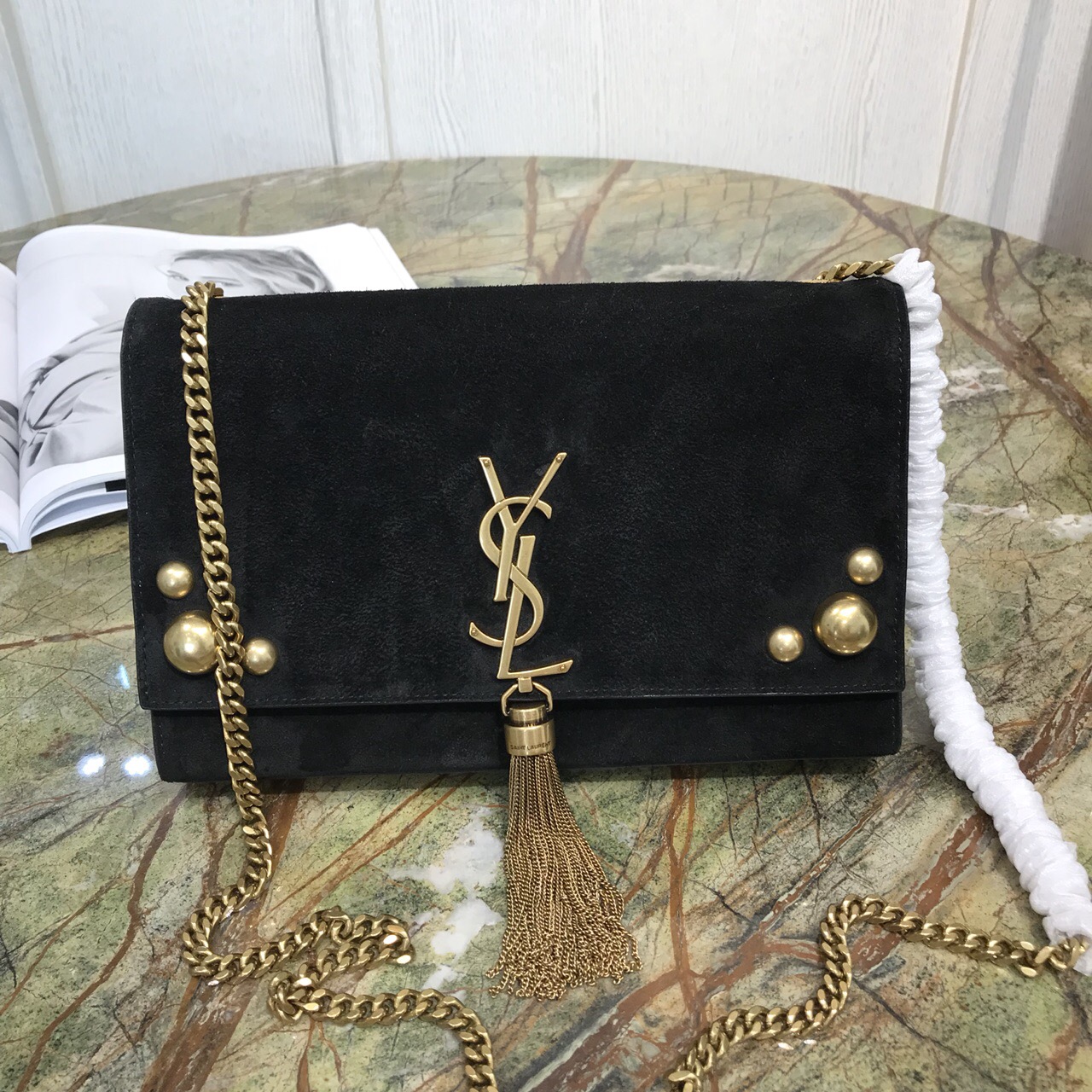 聖羅蘭 YSL包包 KATE 中號飾釘黑色麂皮流苏穗链鏈條包