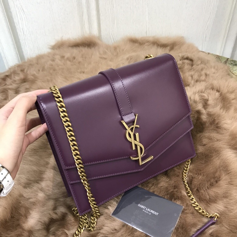 聖羅蘭女包官網 YSL SULPICE 中號深紅色小牛皮 真皮鏈條包