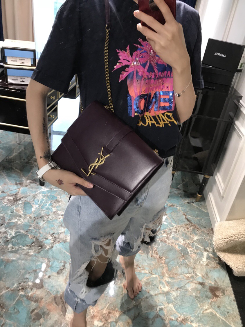 聖羅蘭女包官網 YSL SULPICE 中號深紅色小牛皮 真皮鏈條包