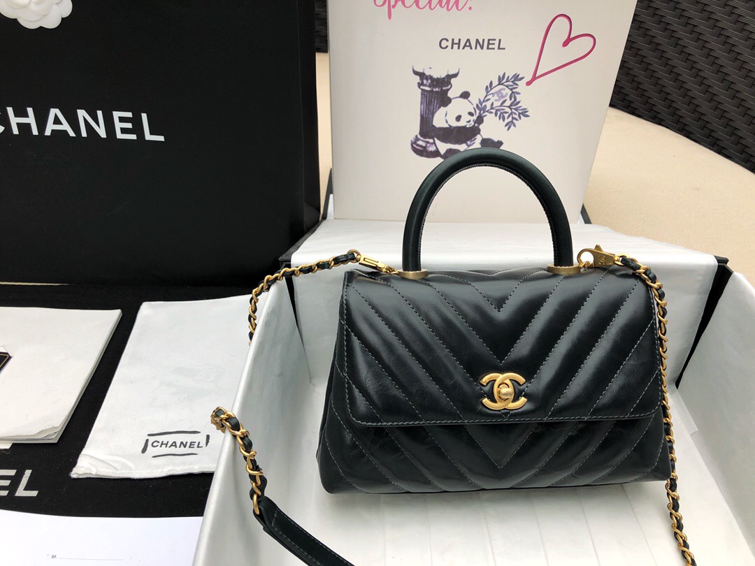 小香口蓋包配手柄手堤包Chanel Coco Handle Bag 祖母綠色油臘小牛皮