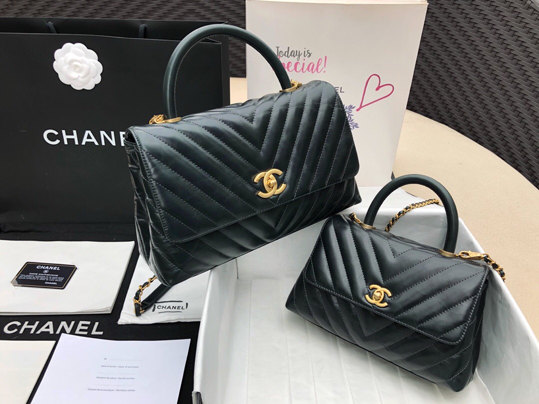 小香口蓋包配手柄手堤包Chanel Coco Handle Bag 祖母綠色油臘小牛皮