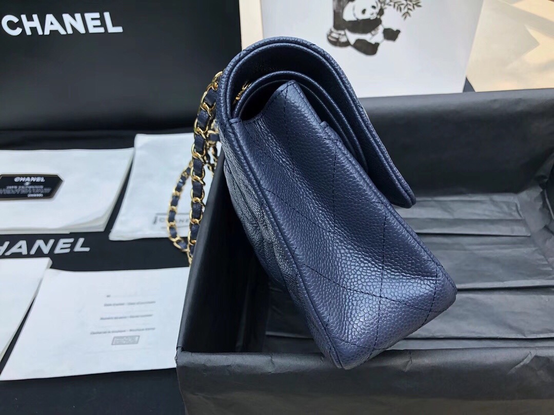 香奈兒經典口蓋包價格 Classic Flap Bag 深藍色 魚子醬小牛皮菱格鏈條包