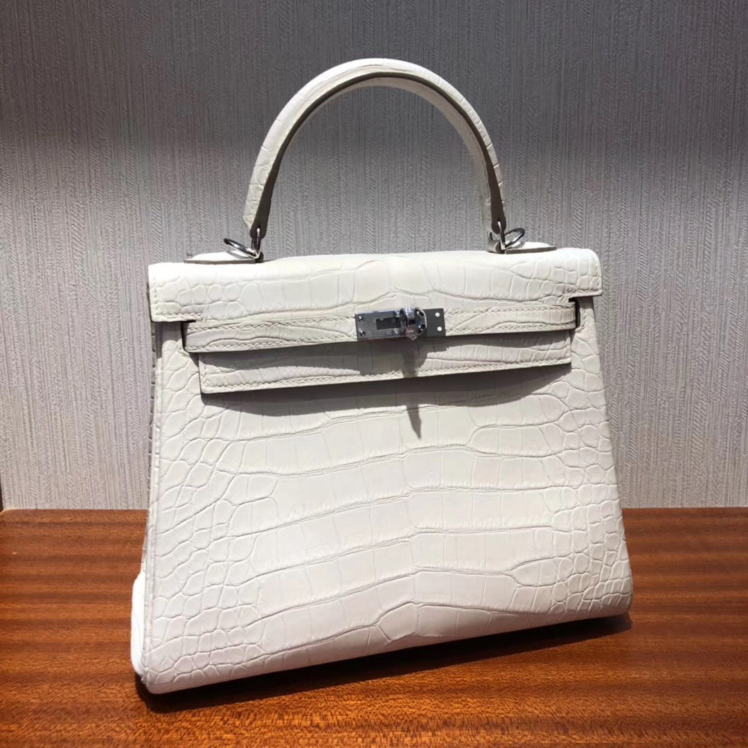 愛馬仕Hermes 凱莉包Kelly 25cm 8L奶油白 霧面方塊 美洲鱷魚金扣