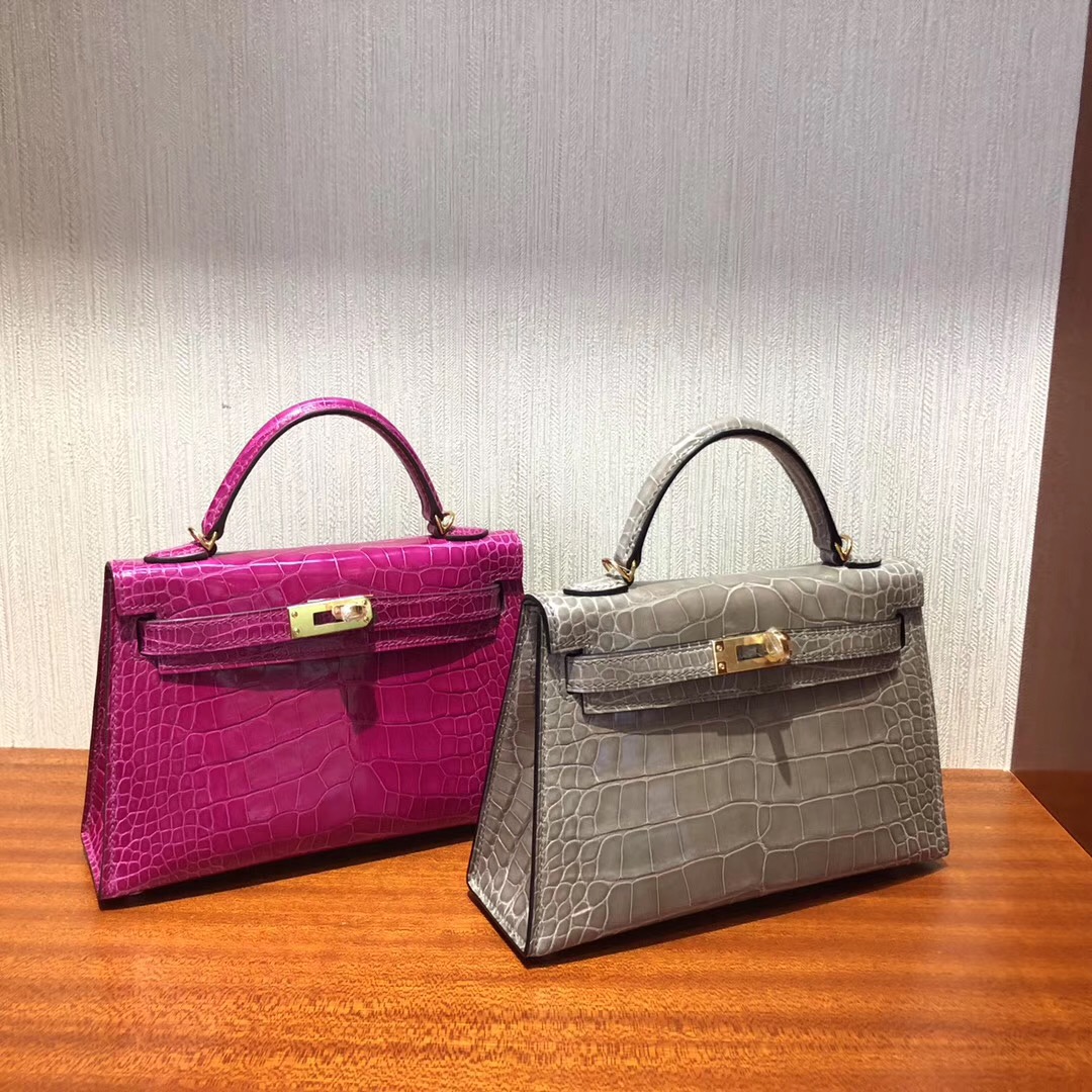 Malaysia HERMES Mini Kelly2代 CK81斑鸠灰 亮面方塊 美洲鱷魚金扣