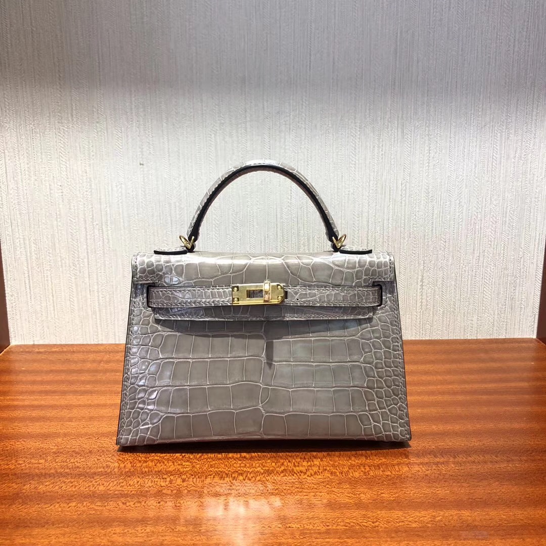 Malaysia HERMES Mini Kelly2代 CK81斑鸠灰 亮面方塊 美洲鱷魚金扣