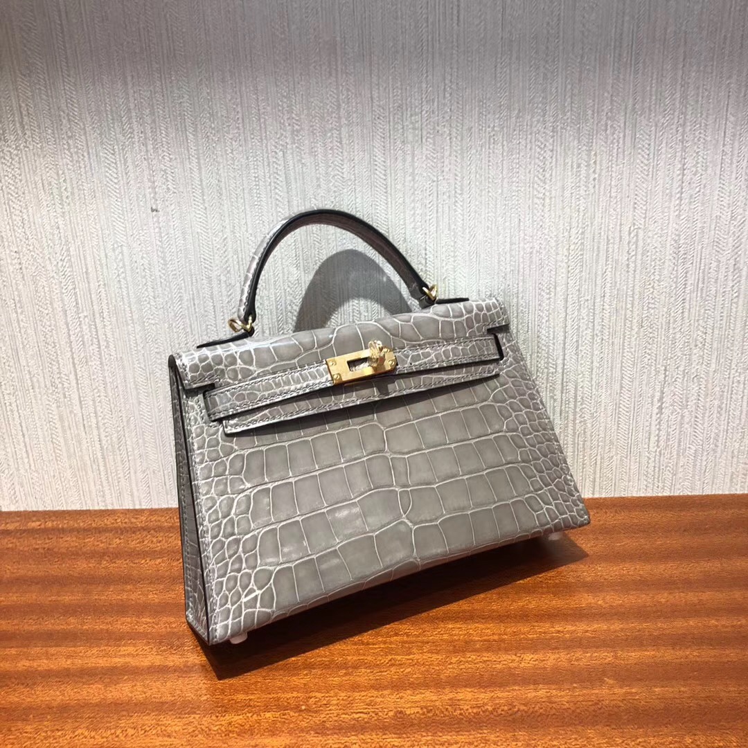 Malaysia HERMES Mini Kelly2代 CK81斑鸠灰 亮面方塊 美洲鱷魚金扣