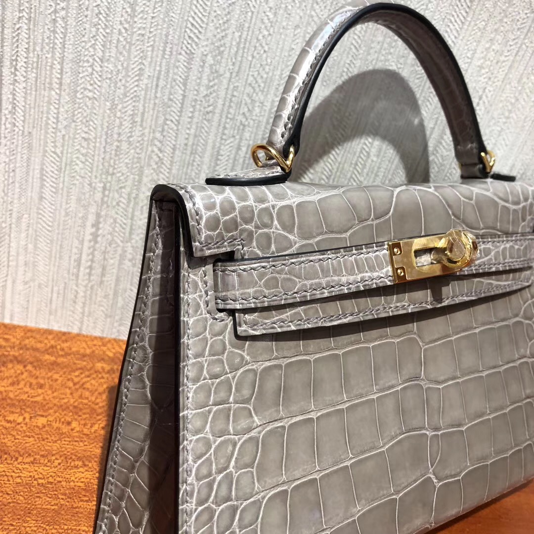 Malaysia HERMES Mini Kelly2代 CK81斑鸠灰 亮面方塊 美洲鱷魚金扣