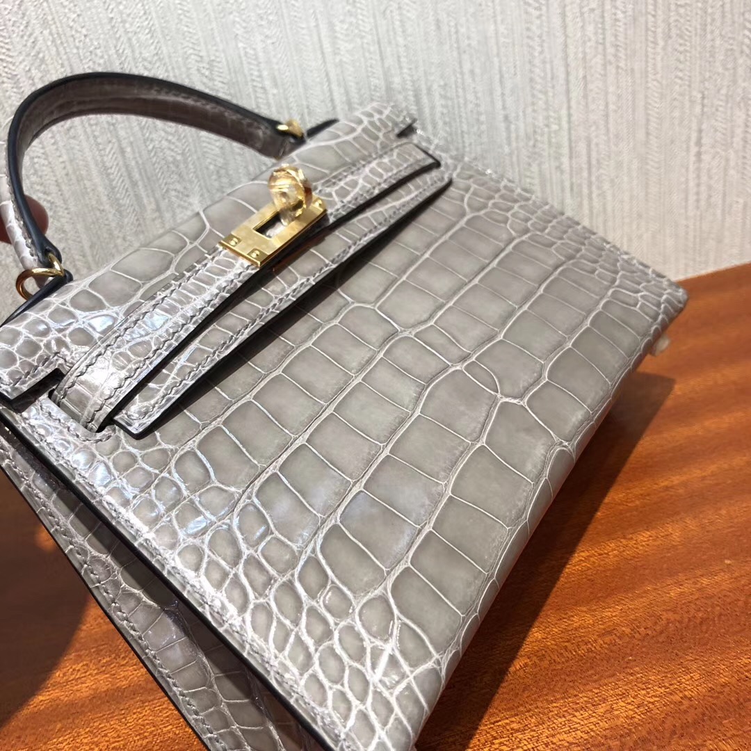 Malaysia HERMES Mini Kelly2代 CK81斑鸠灰 亮面方塊 美洲鱷魚金扣